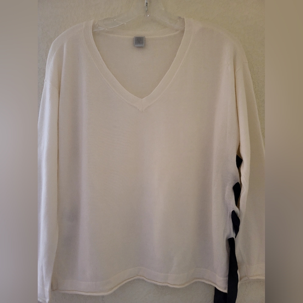 Eleventy Platinum Cashmere Sweater Ivory Womens XS V-neck Lace Up Slouchy - Picture 4 of 14